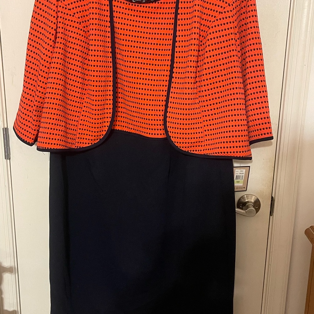 Coral/Navy NWT Beaded Round Neck Empire Waist Dress Set 3/4 Sleeve 18W